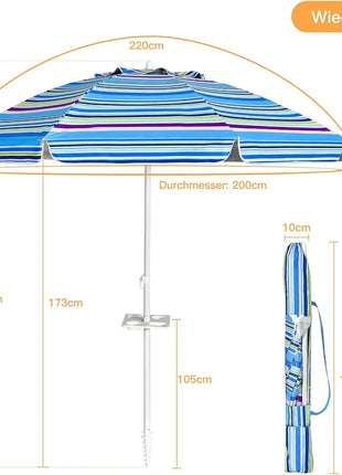 Ombrellone da spiaggia da 200 cm, con portabevande, ombrellone da giardino, antivento, UPF 50+, 30 °   Protezione solare pieghevole con punta a terra
