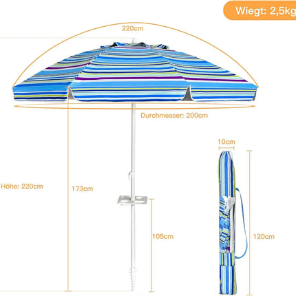 Ombrellone da spiaggia da 200 cm, con portabevande, ombrellone da giardino, antivento, UPF 50+, 30 °   Protezione solare pieghevole con punta a terra