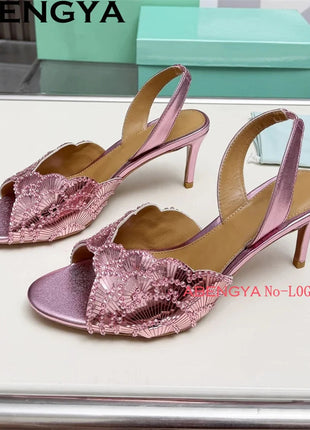 2026 Summer Trendy New Shiny Fish Mouth Toe Sexy Stiletto Sandals Woman Quality Sequined Thin High Heel Slippers for Women Shoes PlatiNum