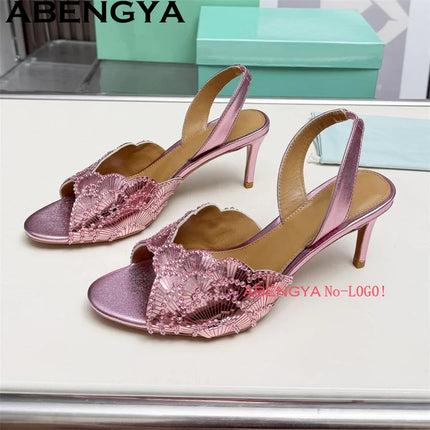 2026 Summer Trendy New Shiny Fish Mouth Toe Sexy Stiletto Sandals Woman Quality Sequined Thin High Heel Slippers for Women Shoes PlatiNum