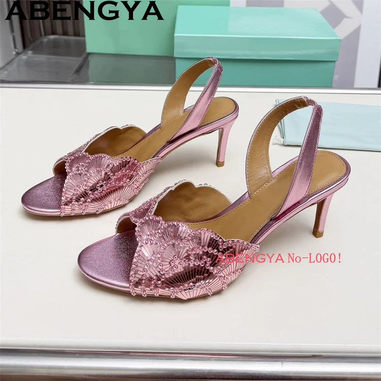 2026 Summer Trendy New Shiny Fish Mouth Toe Sexy Stiletto Sandals Woman Quality Sequined Thin High Heel Slippers for Women Shoes PlatiNum