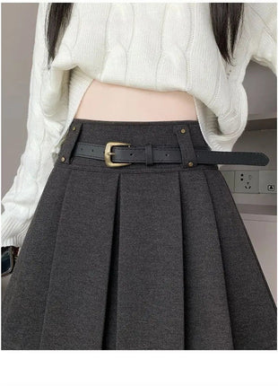 Autumn and Winter 2025 New High-waisted A-line Skirt College Style Sweet Versatile Woolen Pleated Skirt PlatiNum