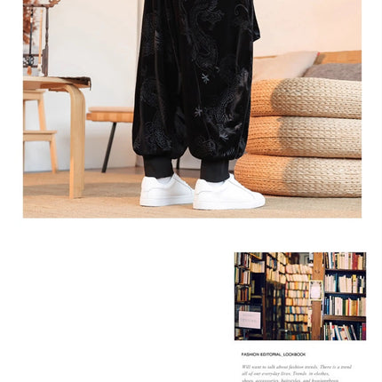 Pantaloni da uomo stile cinese retrò allentato drago scuro stampa pantaloni a gamba larga Kung Fu Tai Chi pantaloni casual tradizionali taglie forti 5XL