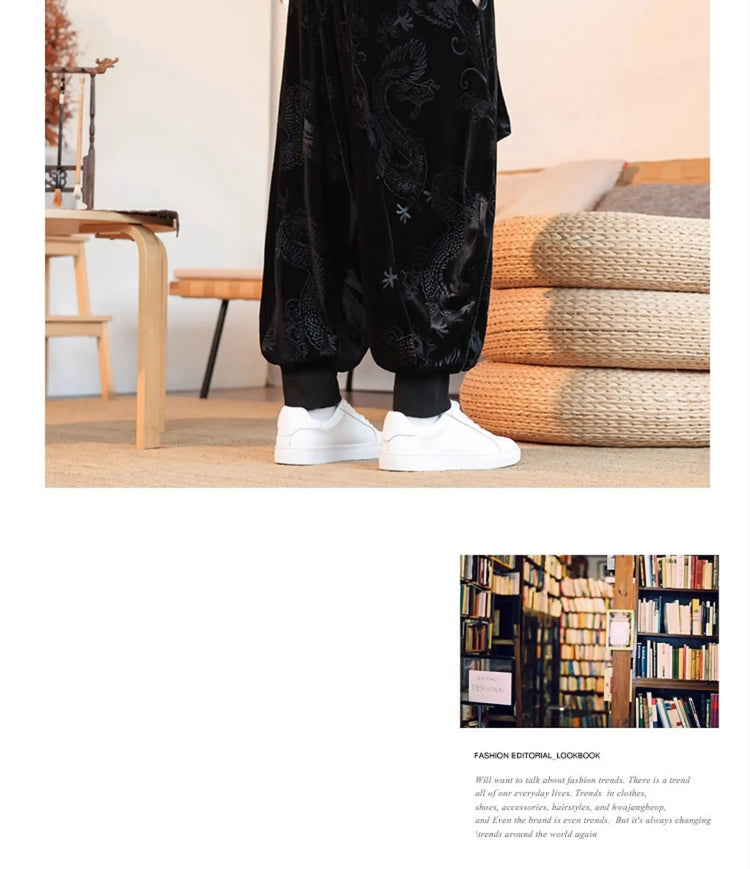 Pantaloni da uomo stile cinese retrò allentato drago scuro stampa pantaloni a gamba larga Kung Fu Tai Chi pantaloni casual tradizionali taglie forti 5XL