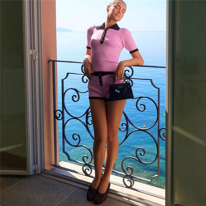 Absobe Women's Polo Collar Top Shorts Set Slim Short Sleeve Buttons Tee Contrasted High Rise Short Pants Leisure Suit Streetwear