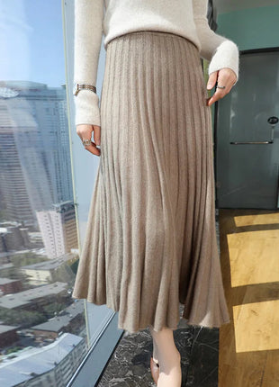 Autumn And Winter Fashion Mink Cashmere Mid Length High Waist Skirt For Women, Knitted Umbrella Skirt, Fashionable Pleated Skirt PlatiNum