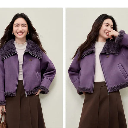 SENTUBILA Women's Faux Suede Coat Plush Lapel Zipper Faux Leather Cropped Jacket 2026 Winter Retro Ladies Outerwear W54PD5913