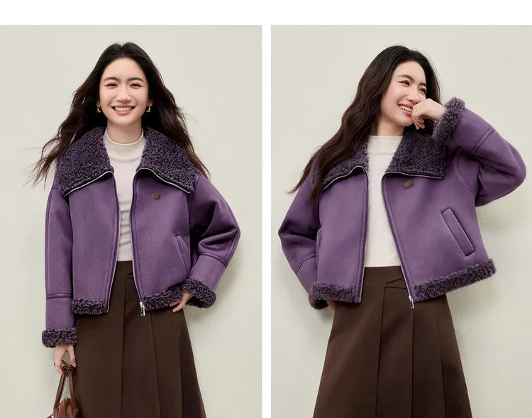 SENTUBILA Women's Faux Suede Coat Plush Lapel Zipper Faux Leather Cropped Jacket 2026 Winter Retro Ladies Outerwear W54PD5913