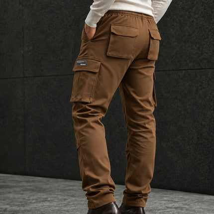 Men's Solid Cargo Pants Multi Pocket Drawstring Waist Straight Leg Casual Workwear Trousers Outdoor Streetwear Pants
