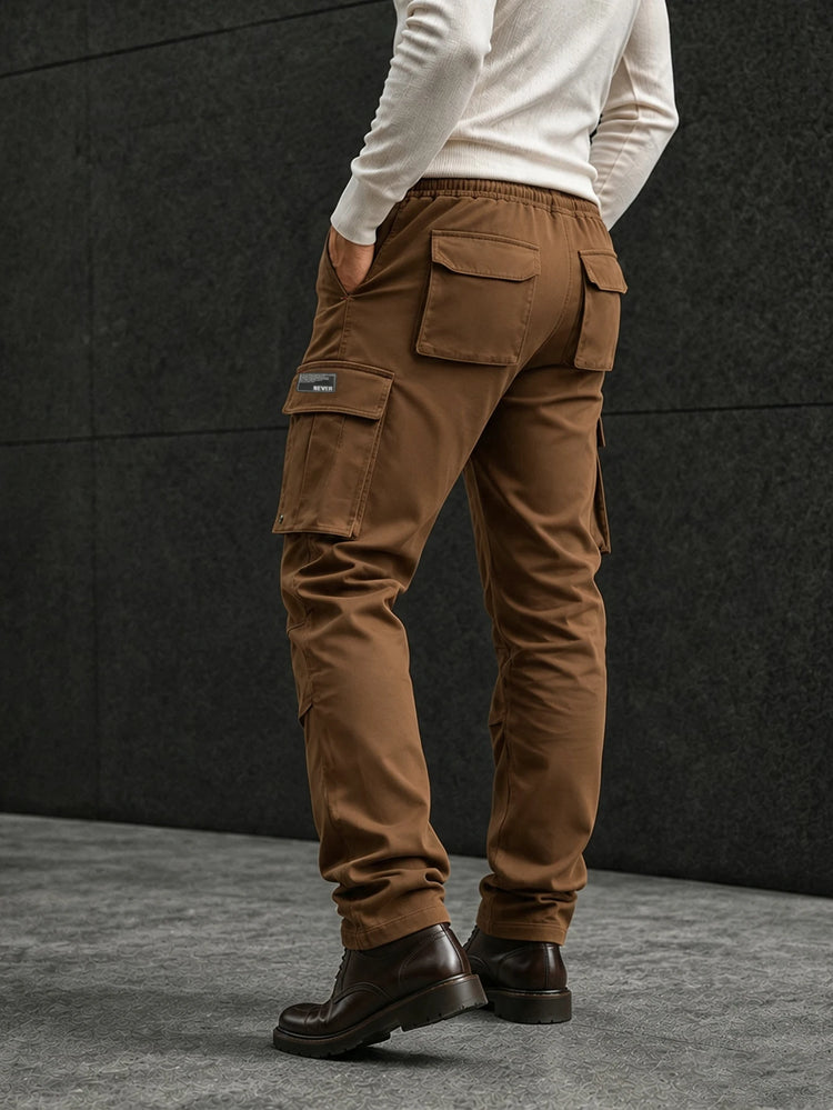 Men's Solid Cargo Pants Multi Pocket Drawstring Waist Straight Leg Casual Workwear Trousers Outdoor Streetwear Pants
