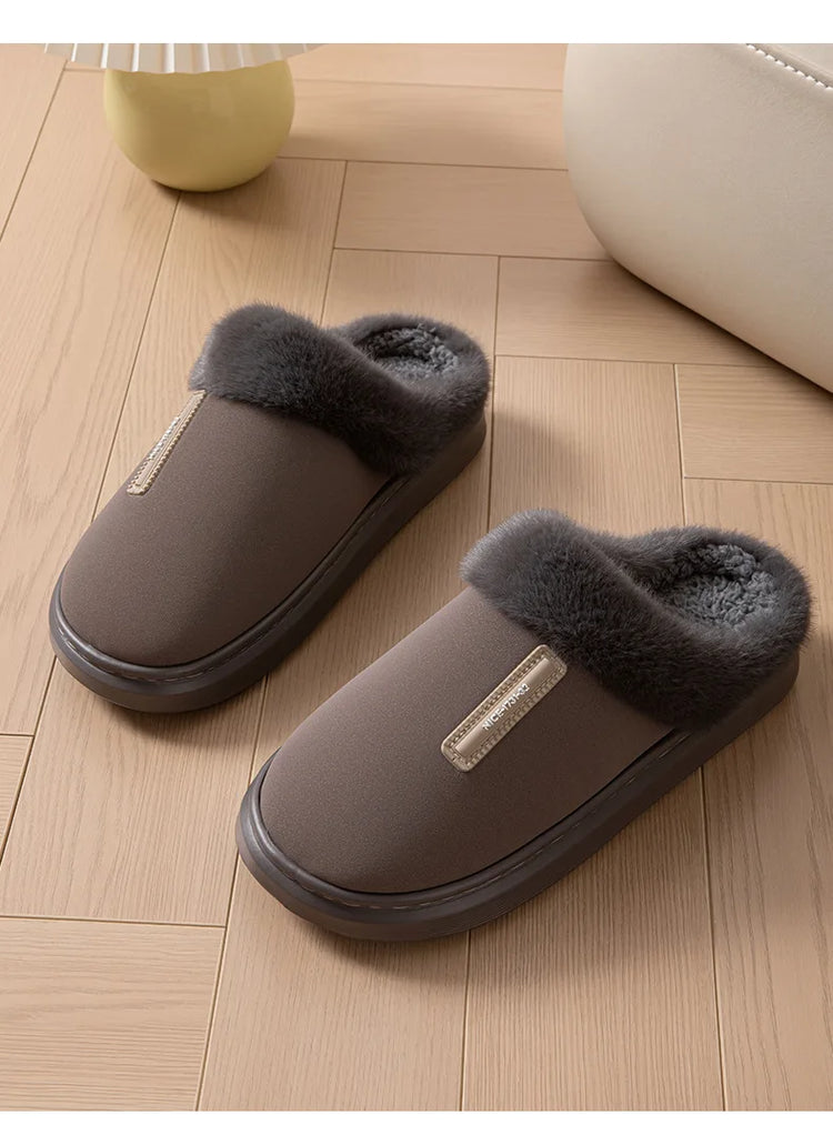 2026 New Large Size Mens Winter Cotton Slippers Thickened Non Slip Sole Indoor Home PU Plush Warm Slippers for Men