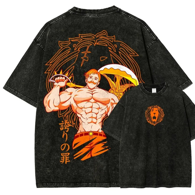 T-shirt à Imprimé Graphique Anime Japonais des Sept Péchés Capitaux Escanor, Mode Vintage en Coton Lavé pour Homme et Femme, Taille Oversize