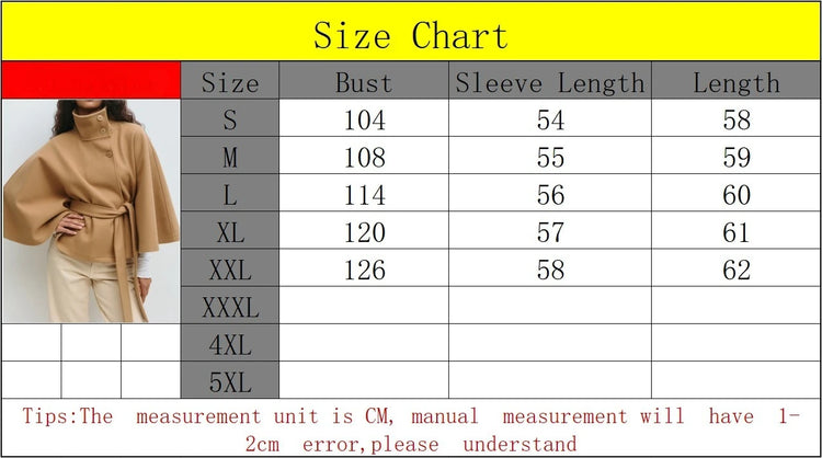 Women Batwing Sleeve Woolen Belted Eclipse Jacket Solid Stand Collar Single Breasted Lace Up Coat Fall Winter Chic Outerwear