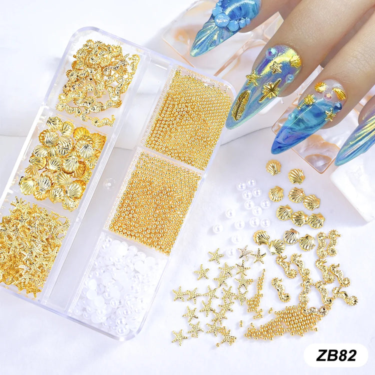 Ocean Starfish Shell Nail Charms Golden Silver Metal Nail Art Decoration 3D Nail Rivet Metallic Slice DIY Manicure Nail PartsY2K