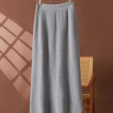 Women's 100% Cashmere Elastic Waist Mid-Length Midi Skirt Autumn Winter Casual Versatile Knitwear Bottoms Casual Fashion Skirt PlatiNum