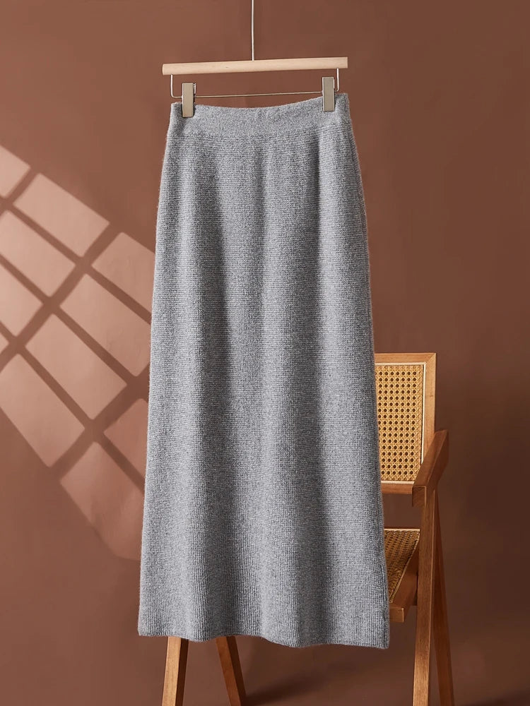 Women's 100% Cashmere Elastic Waist Mid-Length Midi Skirt Autumn Winter Casual Versatile Knitwear Bottoms Casual Fashion Skirt PlatiNum