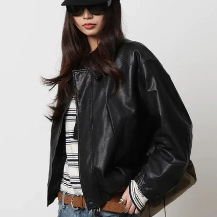Soft Sheepskin Genuine Leather Cropped Jacket Women Lapel Zip Up Snap Button Side Pockets Casual Autumn Real Leather Outerwear