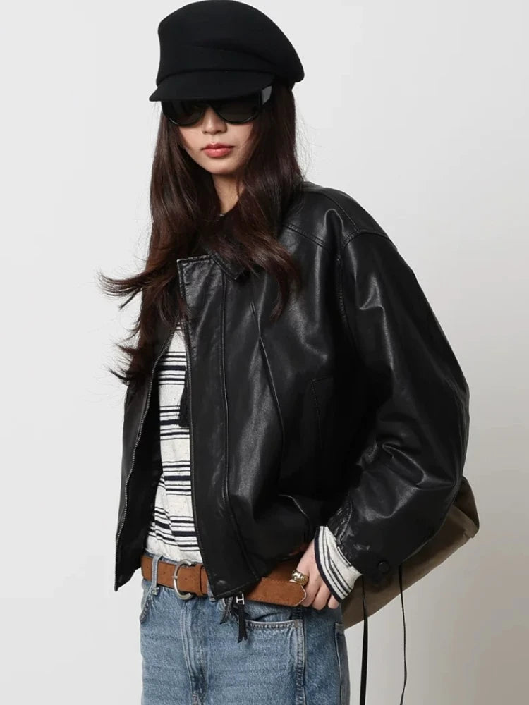 Soft Sheepskin Genuine Leather Cropped Jacket Women Lapel Zip Up Snap Button Side Pockets Casual Autumn Real Leather Outerwear