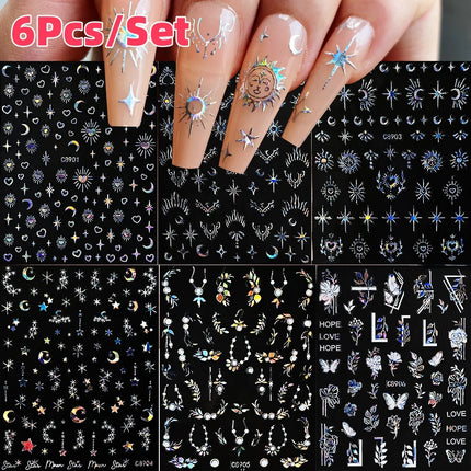 6Pcs/Set Metal Silver Star/Heart/Moon 3D Nail Art Stickers 8*10cm Hollow Love/Cross Self-Adhesive Slider Luxury Manicure Decals