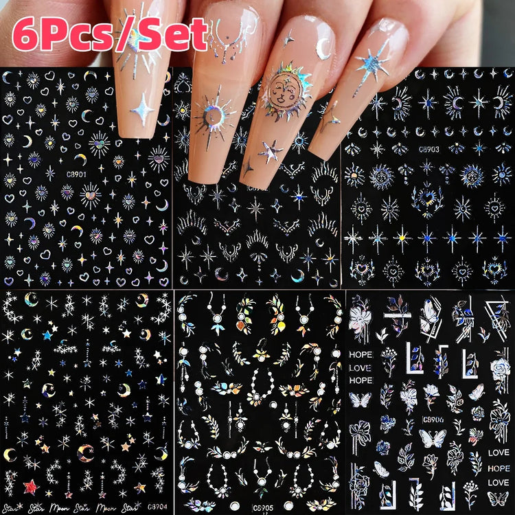6Pcs/Set Metal Silver Star/Heart/Moon 3D Nail Art Stickers 8*10cm Hollow Love/Cross Self-Adhesive Slider Luxury Manicure Decals