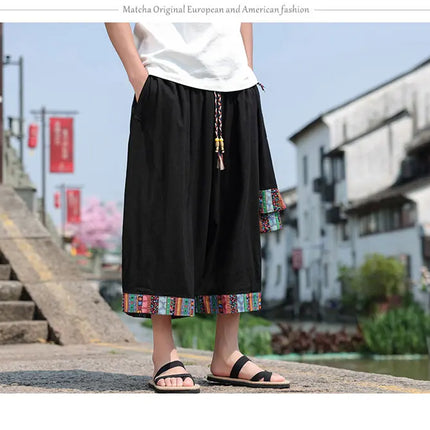 Pantaloncini kimono giapponese Costume da samurai in lino da uomo Ukiyo-e Cintura con stampa Pantaloni a gamba larga Retro Haori Pantaloni casual larghi Harajuku da uomo