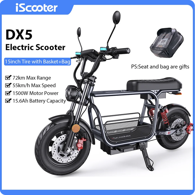 Monopattino Elettrico iScooter DX5 1500W, Batteria 48V 15.6Ah, Velocità Massima 55km/h, Autonomia 60-72km, Pneumatici da 15 Pollici con NFC
