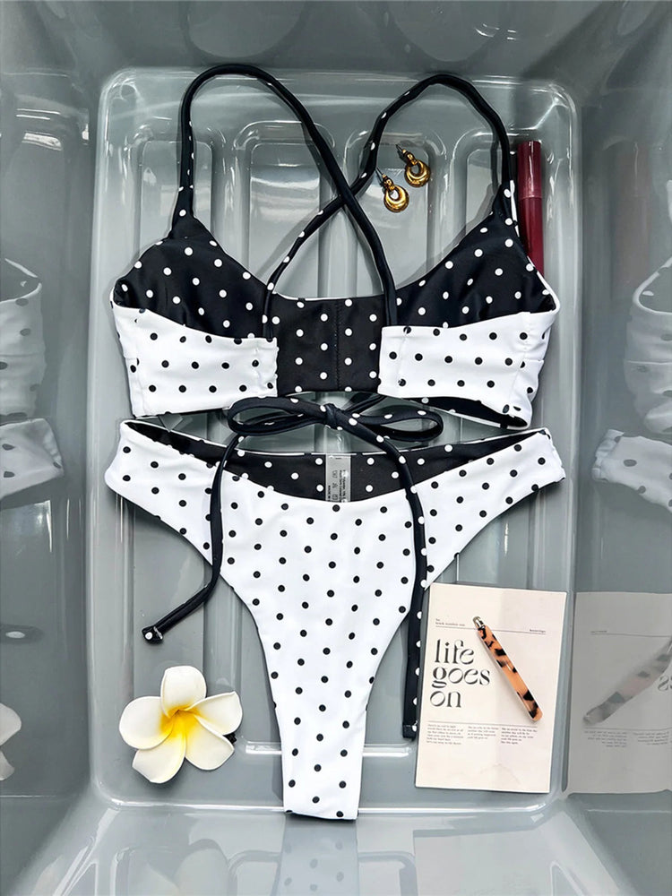 Nuovo Costume da Bagno Bikini a Pois Mini Micro Thong da Donna, Set Due Pezzi K7854 (XS-L) PlatiNum
