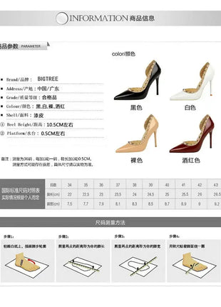 2025 Nuovo Sexy Nero Sottile Tacchi Alti 10.5 Centimetri Scarpe da Donna Testa A Punta Rivetto Pompe da Donna in Pelle Verniciata Stiletto Scarpe da Discoteca platinumshop