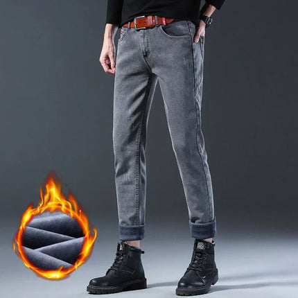 Winter Hot Sale of The Season Trendy Stretchy Fleece Lined Thick Denim Mid Waist Fashionable Casual Warm Long Pants Men's Jeans