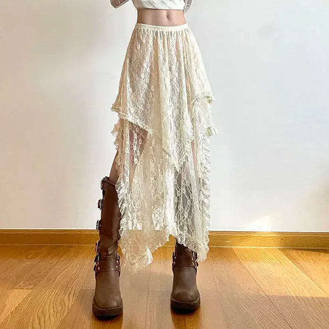 Gonna asimmetrica in pizzo Fairycore Donna Vintage Y2K Boho Estetica Moda Vita alta Gonne medie Abiti da vacanza da donna