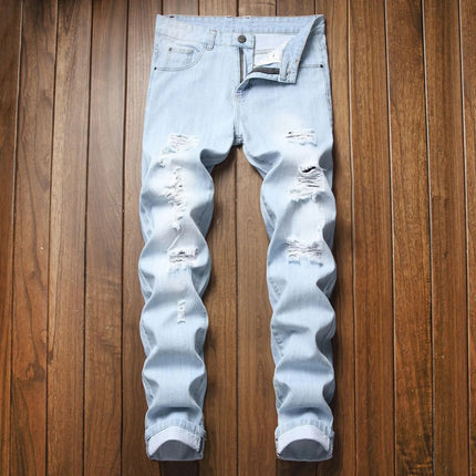 Casual Men's Light Blue Denim Jeans Ripped Straight Leg Slim Fit Non-Elastic Torn Casual Style Chinese Production PlatiNum