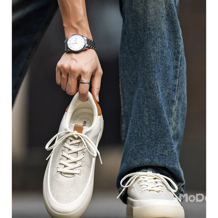 Men's Linen Canvas Platform Sneakers, Breathable Low‑Top Casual Skate Shoes, Retro Contrast Tan Trim Design, Soft Cushioned Thic