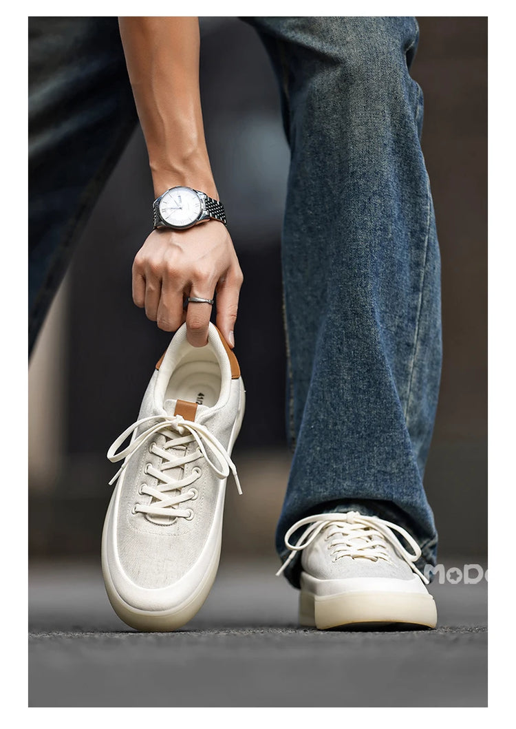 Men's Linen Canvas Platform Sneakers, Breathable Low‑Top Casual Skate Shoes, Retro Contrast Tan Trim Design, Soft Cushioned Thic