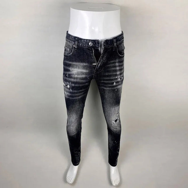 Street Fashion Men Jeans Retro Black Gray Elastic Slim Ripped Jeans Men High Quality Brand Designer Vintage Denim Pants Hombre PlatiNum