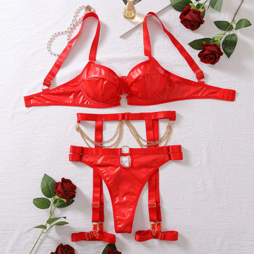 Foreign trade hot nightclub temptation metal chain sexy lingerie set spicy girl charming adjustable bra four piece set for women