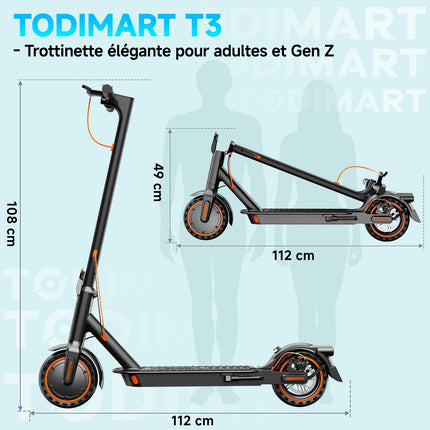 TODIMART N3 Monopattino Elettrico Pieghevole Motore Senza Spazzole 350W Batteria 36V7,8Ah Pneumatico Nido d'Ape Velocità 25km/h Carico Massimo 120kg Adulti