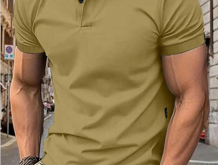 Men's Casual Short Sleeve Button-Up Lapel Solid Color T-Shirt