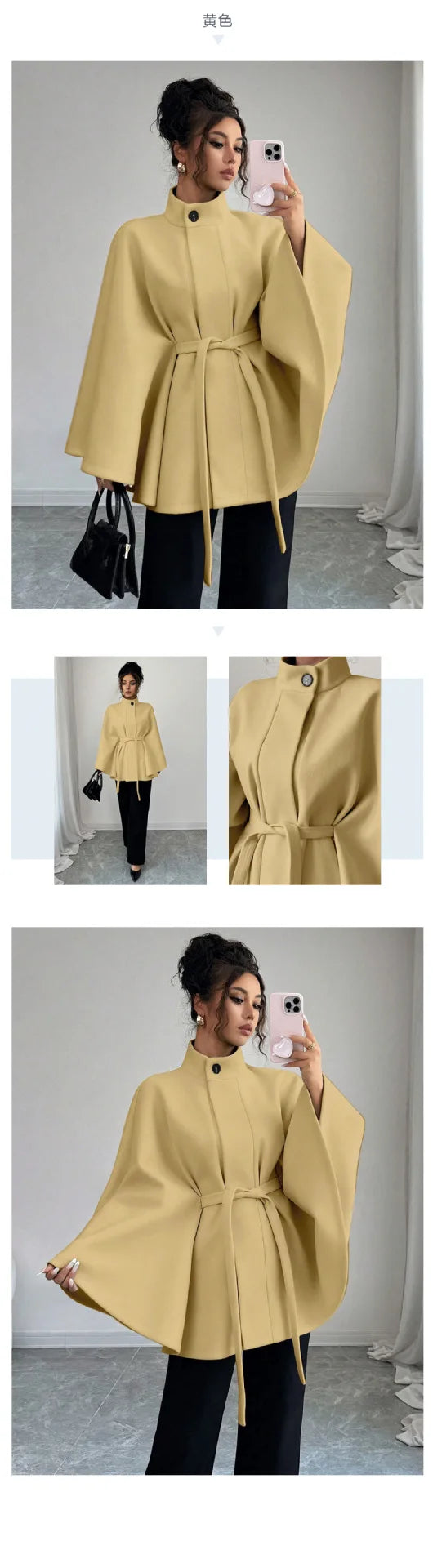 Elegant Stand Collar Tie Waist Cape Design Wool Coat, Coats for Women Spring Summer Outerwear with Chic Overcoat Style