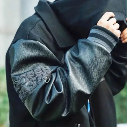 European and American Fashion Y2K Hip Hop Letter Embroidered PU Leather Jackets Couple Loose Leather Jackets Streetwear Men