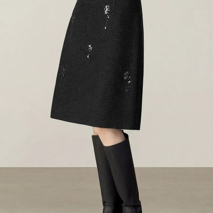 SENTUBILA Women's Straight Skirt 2025 Office Lady Wool Blend Sequin Beading Mid Length Skirt Winter Clothing for Women 154QF6318 PlatiNum