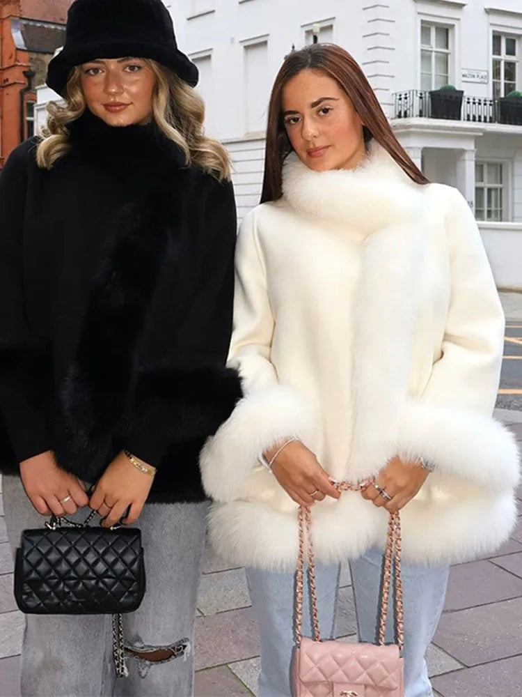 ZADORIN Elegant White Woolen Cape Faux Fur Coat Woman Fur Trim Loose Plush Fur Jacket Woman 2025 Winter Fur Faux Coat Outerwears