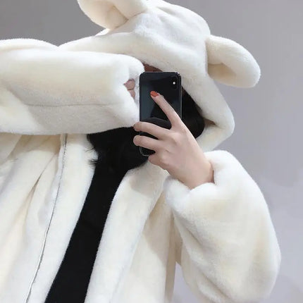 Cosy Loose Faux Fur Coat Womens Faux Fur Fuzzy Hooded Fluffy Ears Surcoat Overcoat Woman Winter Warm Outerwear Snowy Day Wrap