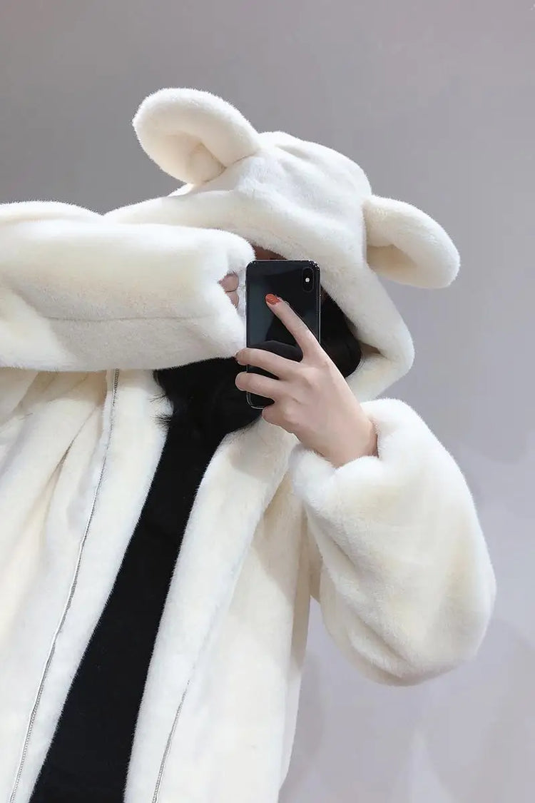 Cosy Loose Faux Fur Coat Womens Faux Fur Fuzzy Hooded Fluffy Ears Surcoat Overcoat Woman Winter Warm Outerwear Snowy Day Wrap