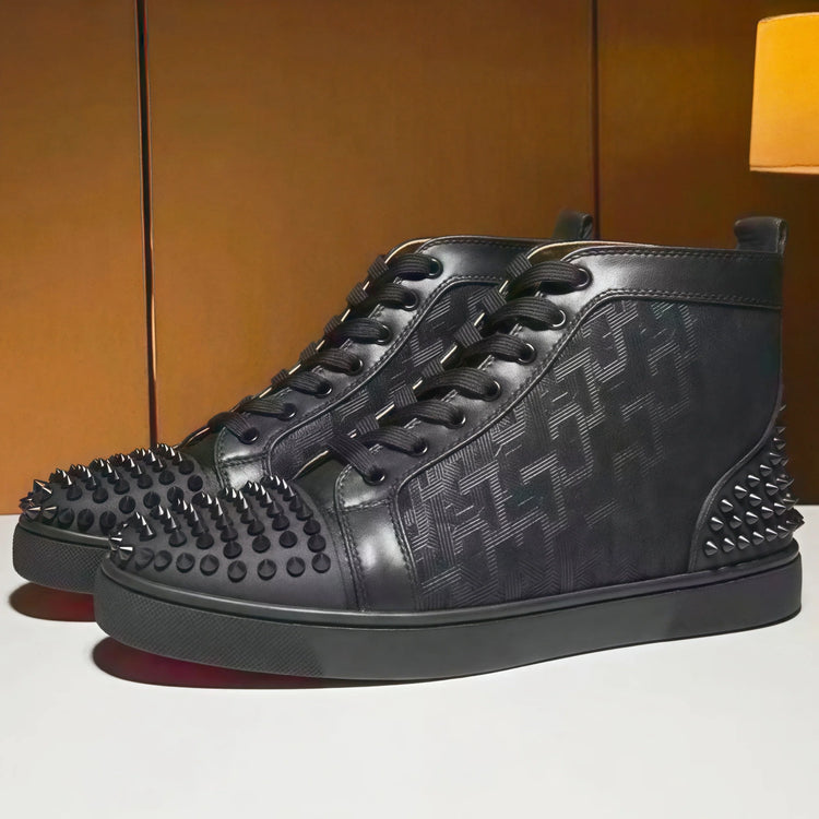 Black Studded Leather Rivets High-Top Sneakers Classic Designer Style Round Toe Men's Sports Shoes Comfort Lace-Up Casual Shoes