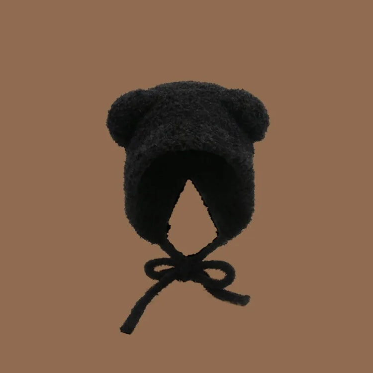 1Pc Women Cute Warm Beanie with Bear Era Earmuffs,Outdoor Travel Cycling Knitt Thick Fluffy Warm Pullover Cap for Autumn/Winter