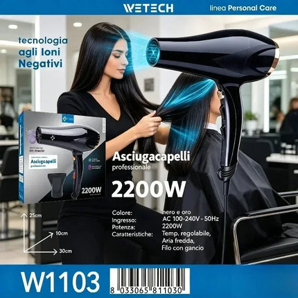 2200W Fast Dry Ionic Hair Blow Dryer 100‑240V Dual‑Voltage Hot & Cold Air Function Hanging Hook Design With Concentrator Nozzle Hair Styling Tool