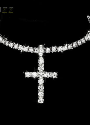 Hip Hop Iced Out Cross Pendant Necklace Strap 4mm Zircon Tennis Chain Men Women Sparkling Necklace Punk Jewelry Fashion Gift PlatiNum