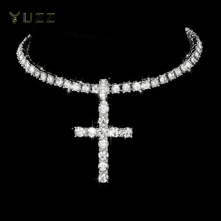 Hip Hop Iced Out Cross Pendant Necklace Strap 4mm Zircon Tennis Chain Men Women Sparkling Necklace Punk Jewelry Fashion Gift PlatiNum