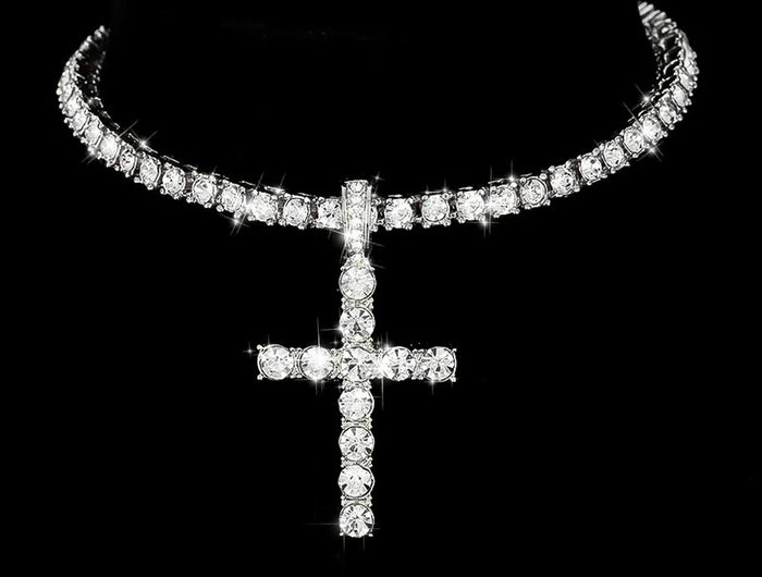 Hip Hop Iced Out Cross Pendant Necklace Strap 4mm Zircon Tennis Chain Men Women Sparkling Necklace Punk Jewelry Fashion Gift PlatiNum
