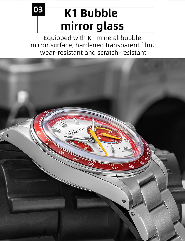 ADDIESDIVE 37mm Watch For Men Chronograph 10Bar Diver BGW9 Luminous Bubble Mirror Glass AD2539 Aluminum Ring VK63 Quartz Watches